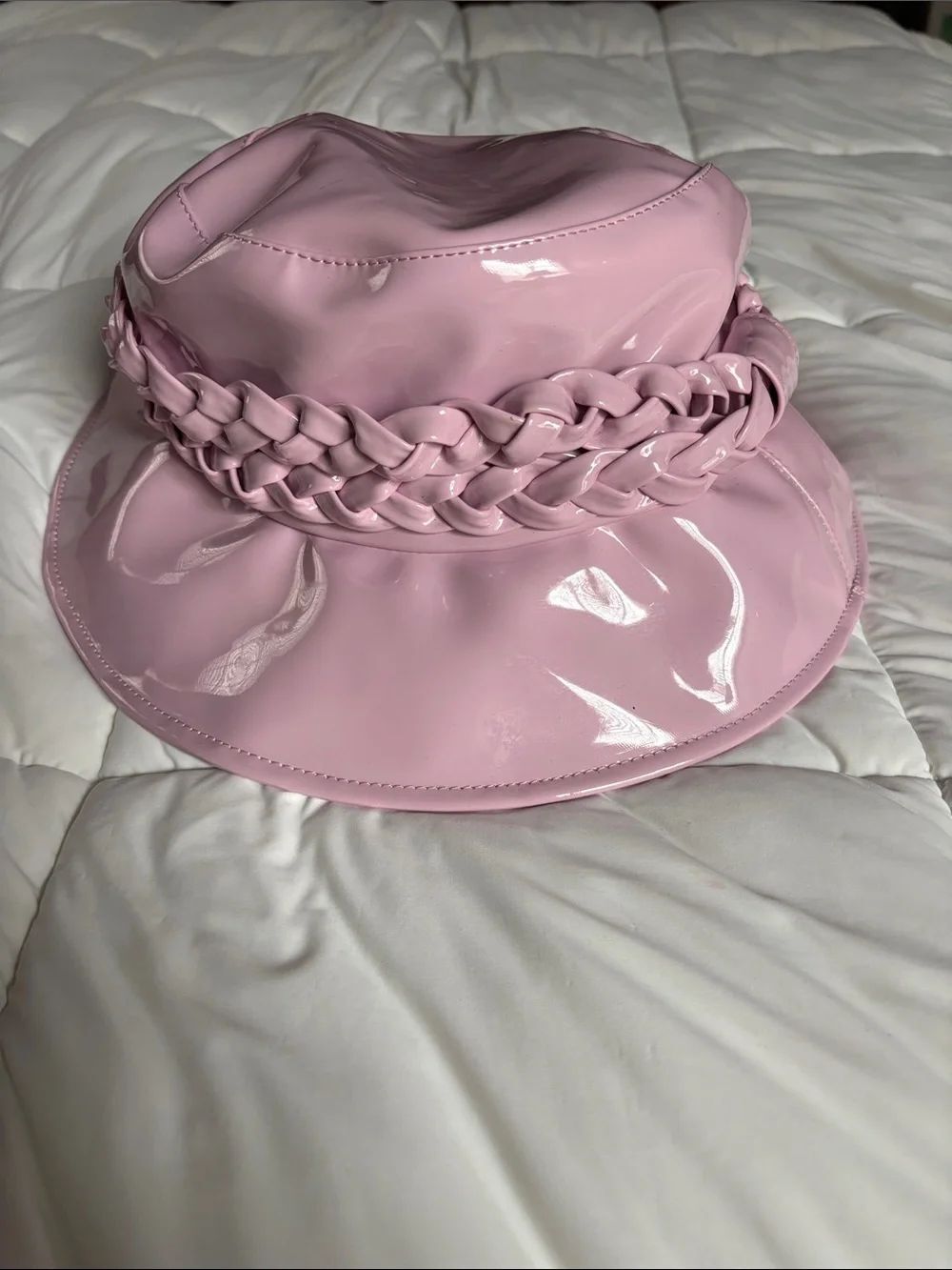 ASN Hats Rainy-Baby Pink bucket hat is a handmade patent leather sz M